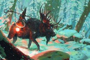 artwork, Fantasy Art, Deer, Wizard, Animals, Forest, Snow, Horns