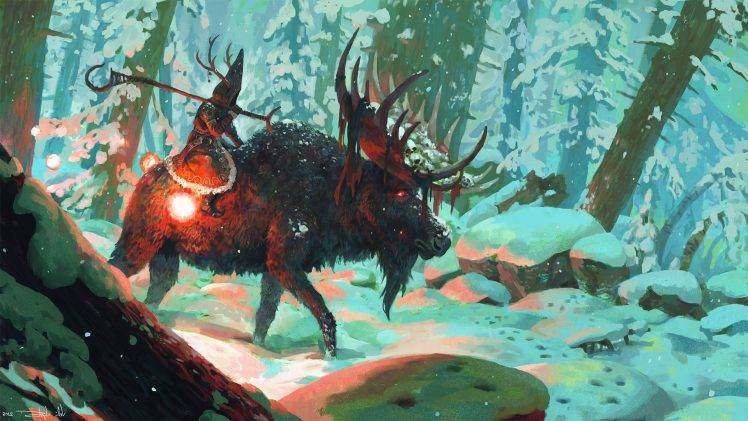 artwork, Fantasy Art, Deer, Wizard, Animals, Forest, Snow, Horns HD Wallpaper Desktop Background