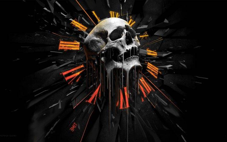 artwork, Skull, Orange, Fantasy Art, Clocks, Concept Art, Digital Art HD Wallpaper Desktop Background