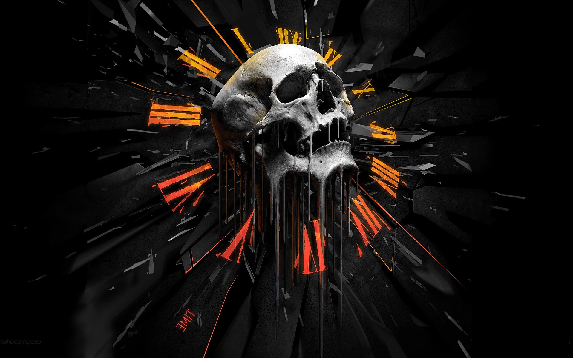 artwork, Skull, Orange, Fantasy Art, Clocks, Concept Art, Digital Art Wallpaper