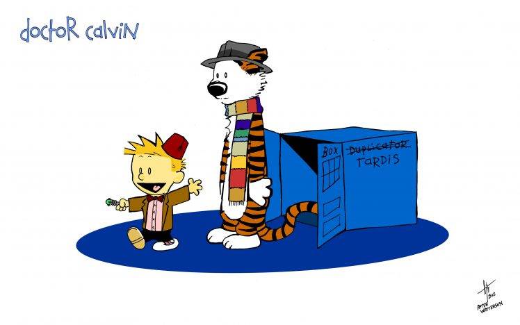 Calvin And Hobbes, Comics, Doctor Who, Simple Background, TARDIS HD Wallpaper Desktop Background