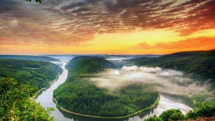 nature, Landscape, Clouds, Mist, Germany, Sunset, River, Trees, Forest, Hill, Leaves, Pine Trees, Saarschleife HD Wallpaper Desktop Background