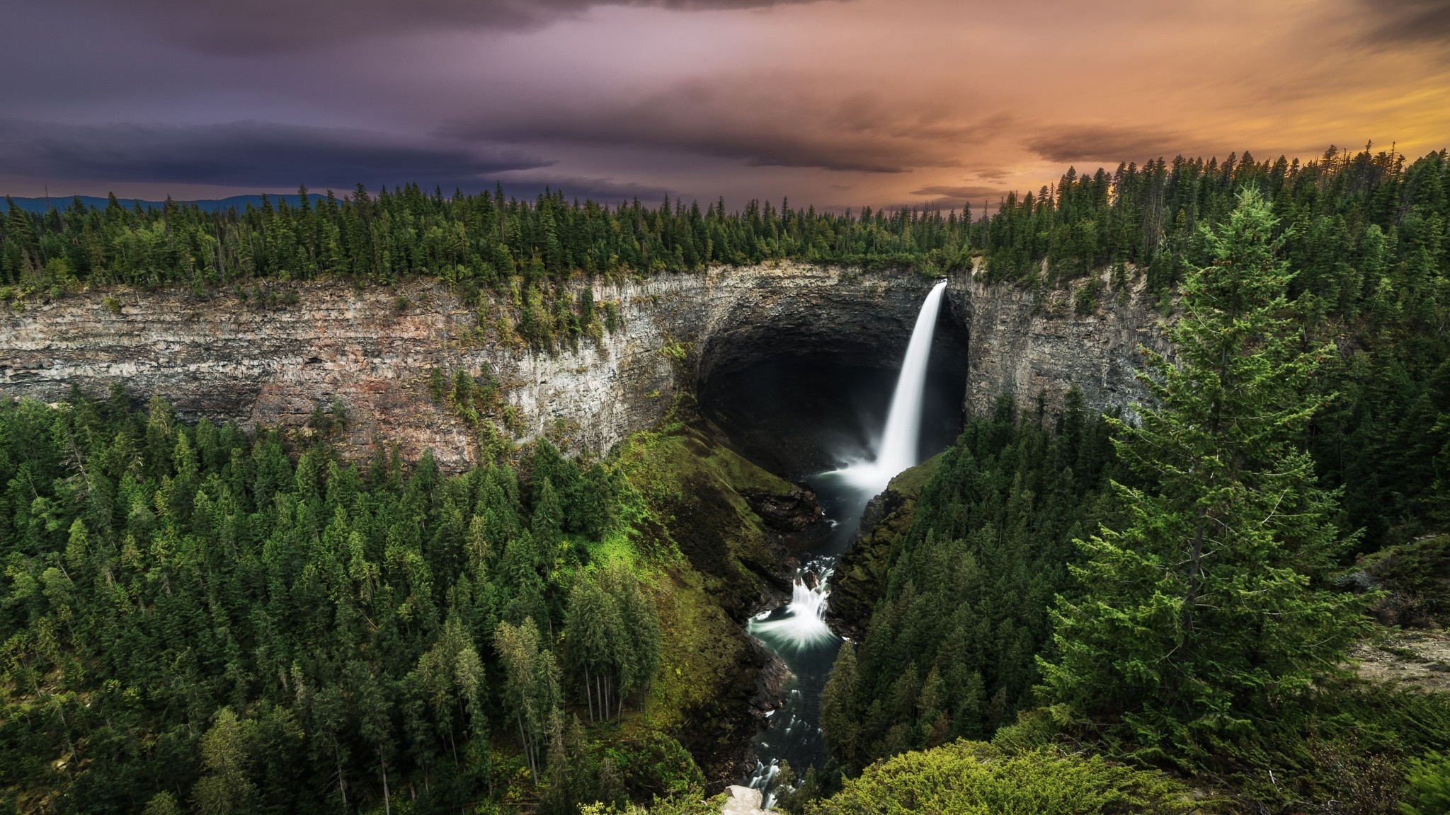 nature, Landscape, Waterfall, Forest, Sunrise, Trees, Clouds, British Columbia, Canada, Long Exposure, Daylight Wallpaper
