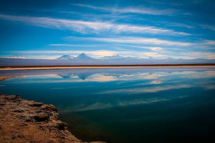 nature, Landscape, Lake, Mountain, Water, Reflection, Sunset, Atacama Desert, Chile, Clouds HD Wallpaper Desktop Background