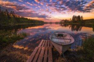 nature, Landscape, Spring, Sunset, Norway, Lake, Boat, Chains, Trees, Reflection, Clouds, Sky