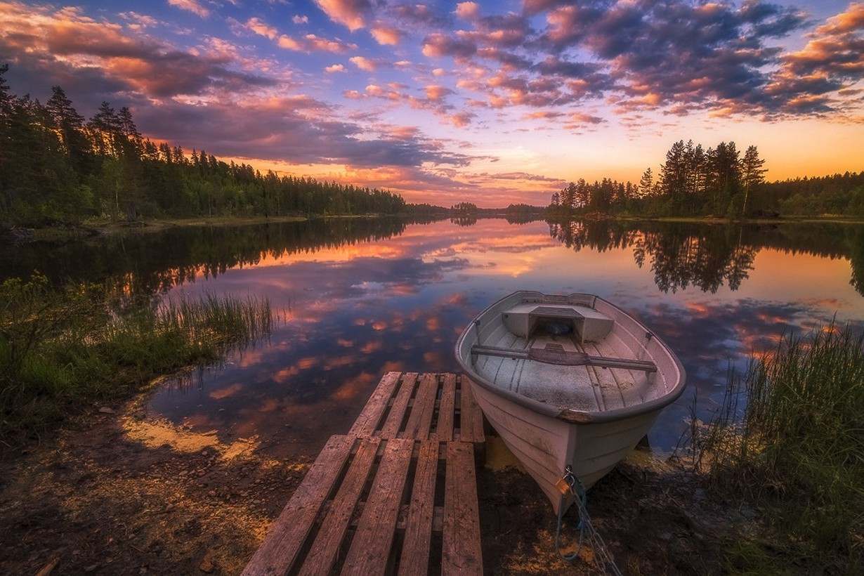 nature, Landscape, Spring, Sunset, Norway, Lake, Boat, Chains, Trees