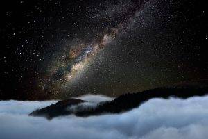 nature, Landscape, Starry Night, Mountain, Mist, Milky Way, Galaxy, Long Exposure