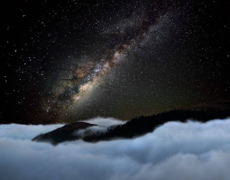 nature, Landscape, Starry Night, Mountain, Mist, Milky Way, Galaxy, Long Exposure HD Wallpaper Desktop Background