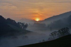 landscape, Nature, Mist, Mountain, Sunset, Trees, Clouds, England