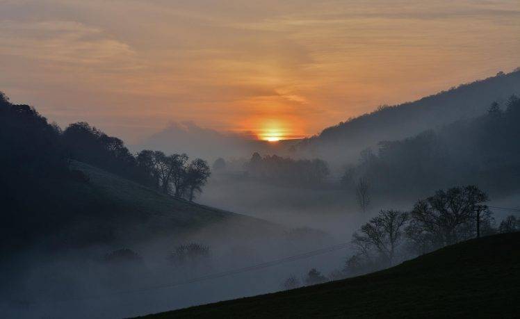 landscape, Nature, Mist, Mountain, Sunset, Trees, Clouds, England HD Wallpaper Desktop Background