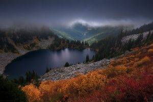 landscape, Nature, Fall, Colorful, Mountain, Lake, Pine Trees, Mist, Dark, Clouds, Shrubs, Forest, Washington State