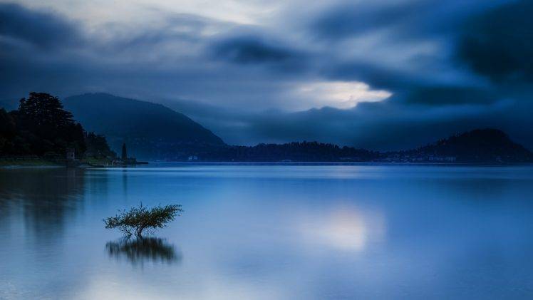 landscape, Nature, Blue, Water, Sunrise, Lake, Italy, Mountain, Clouds, Trees, City, Calm HD Wallpaper Desktop Background