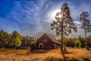 landscape, Nature, Forest, Cabin, Dry Grass, Abandoned, Trees, Sun, Clouds, Russia, Fall
