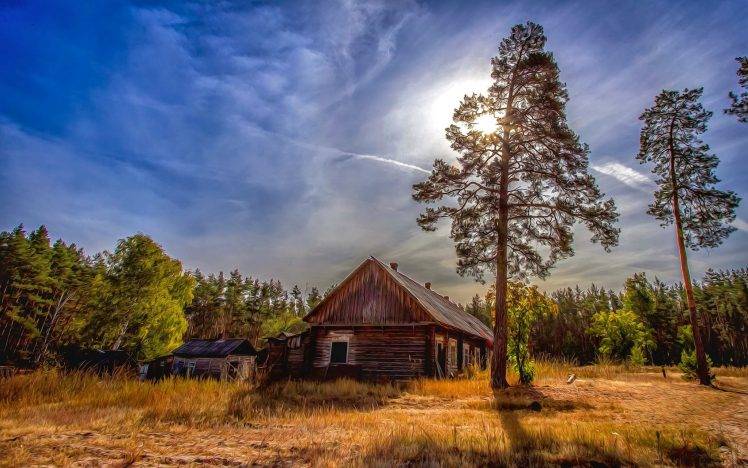 landscape, Nature, Forest, Cabin, Dry Grass, Abandoned, Trees, Sun, Clouds, Russia, Fall HD Wallpaper Desktop Background