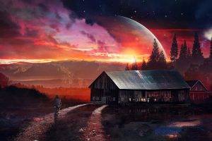 science Fiction, Night, House, Planet, Red