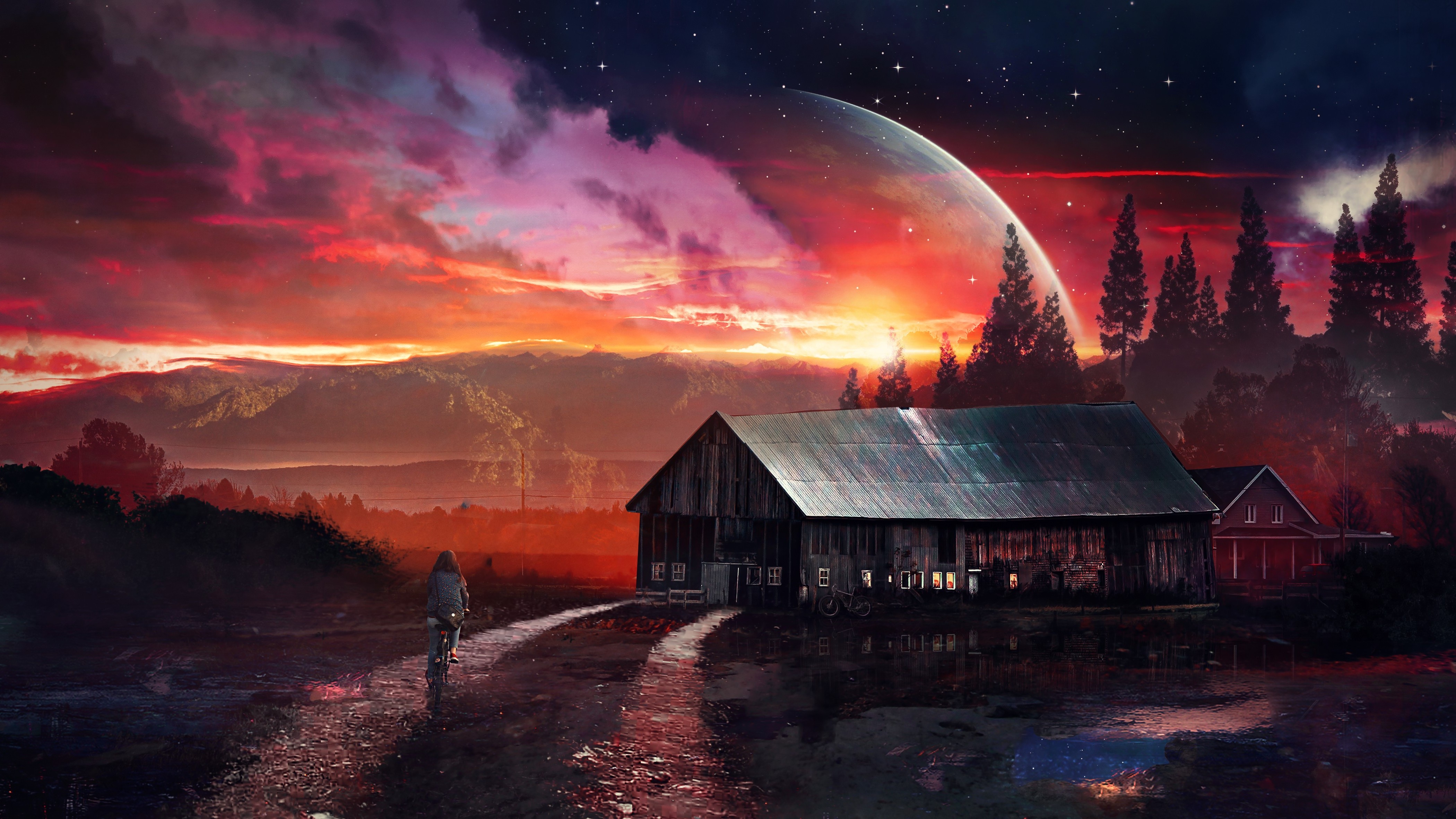 Science Fiction Night House Planet Red Wallpapers Hd