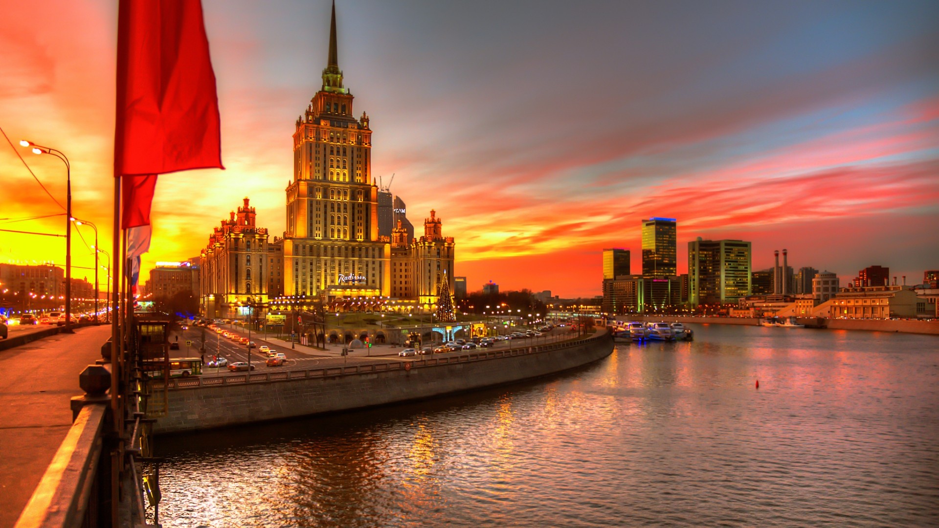 architecture, Building, City, Cityscape, Evening, Lights, Street Light, Moscow, Russia, Hotels, River, Boat, Road, Car, Sunset, Clouds, Christmas Tree, Skyscraper, Flag, Water, HDR Wallpaper