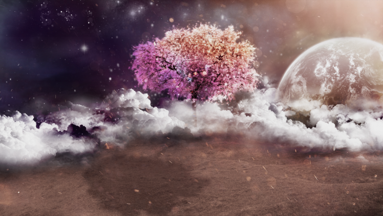 trees, Clouds, Planet, Moon, Night HD Wallpaper Desktop Background