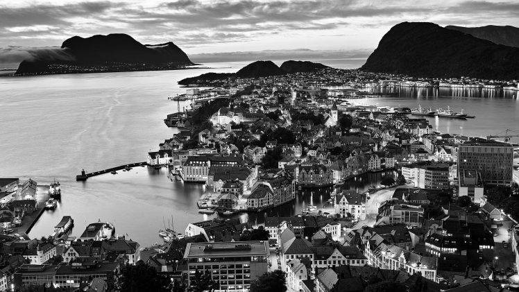 Norway, Landscape, Monochrome, Mountain, Cityscape, Ålesund HD Wallpaper Desktop Background