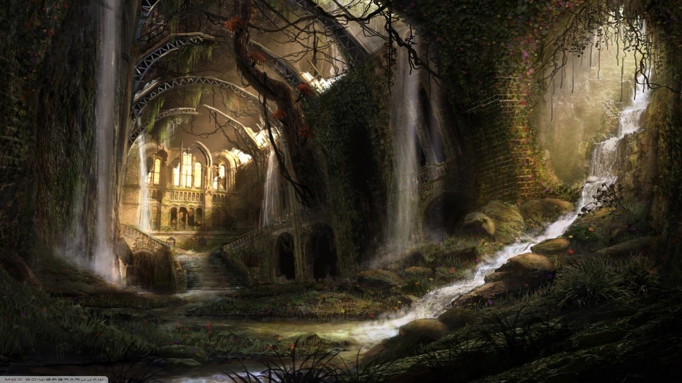 abandoned, Waterfall, Flowers, Green, Stairs, Brown Wallpaper