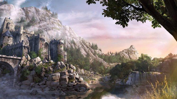 castle, Fantasy Art, Rock, Bridge, Forest HD Wallpaper Desktop Background