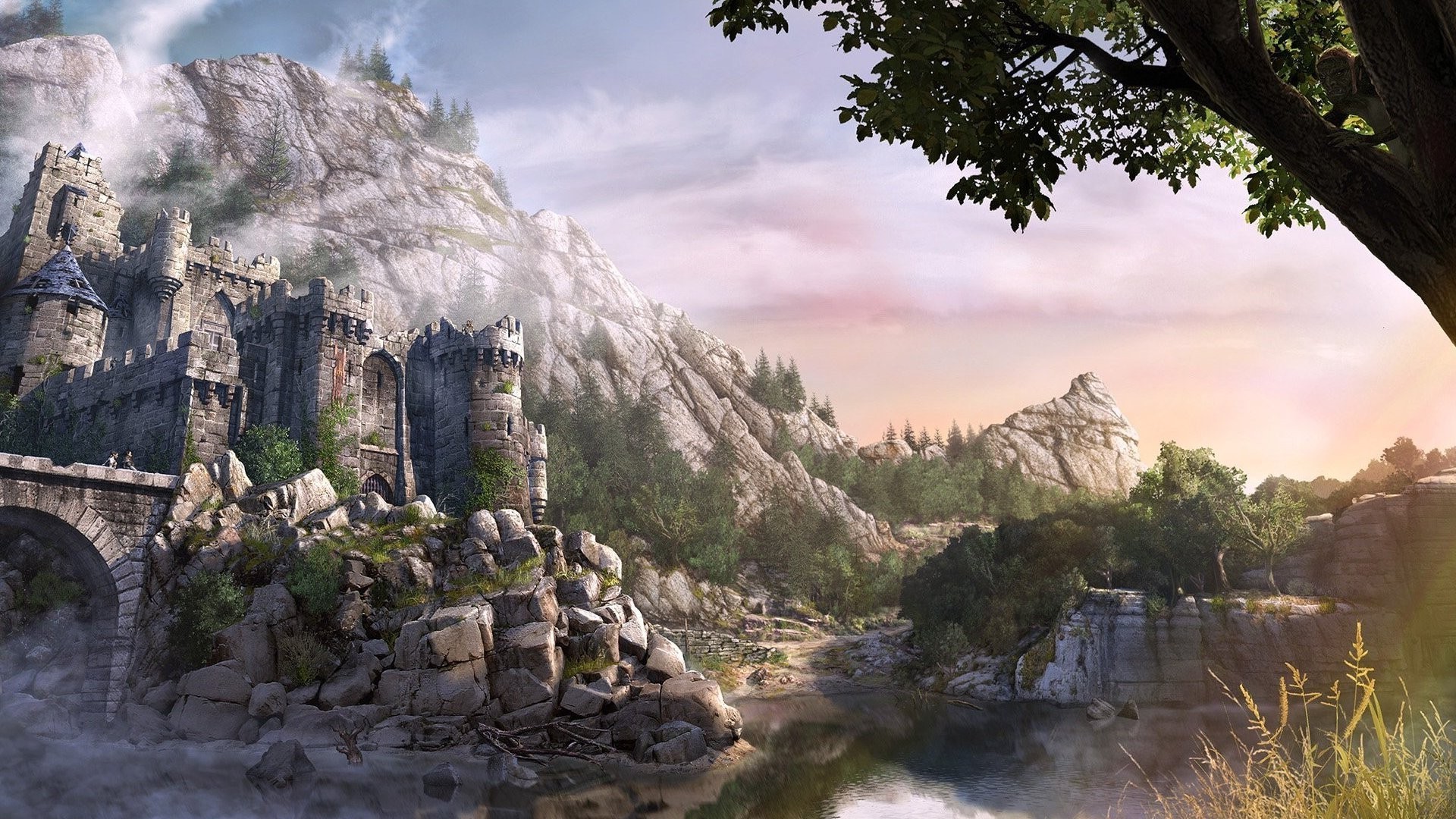 castle, Fantasy Art, Rock, Bridge, Forest Wallpaper