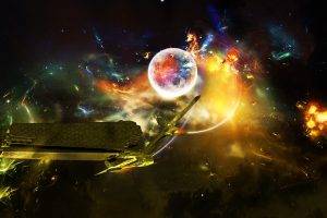 space, Spaceship, Planet, Explosion, 3D