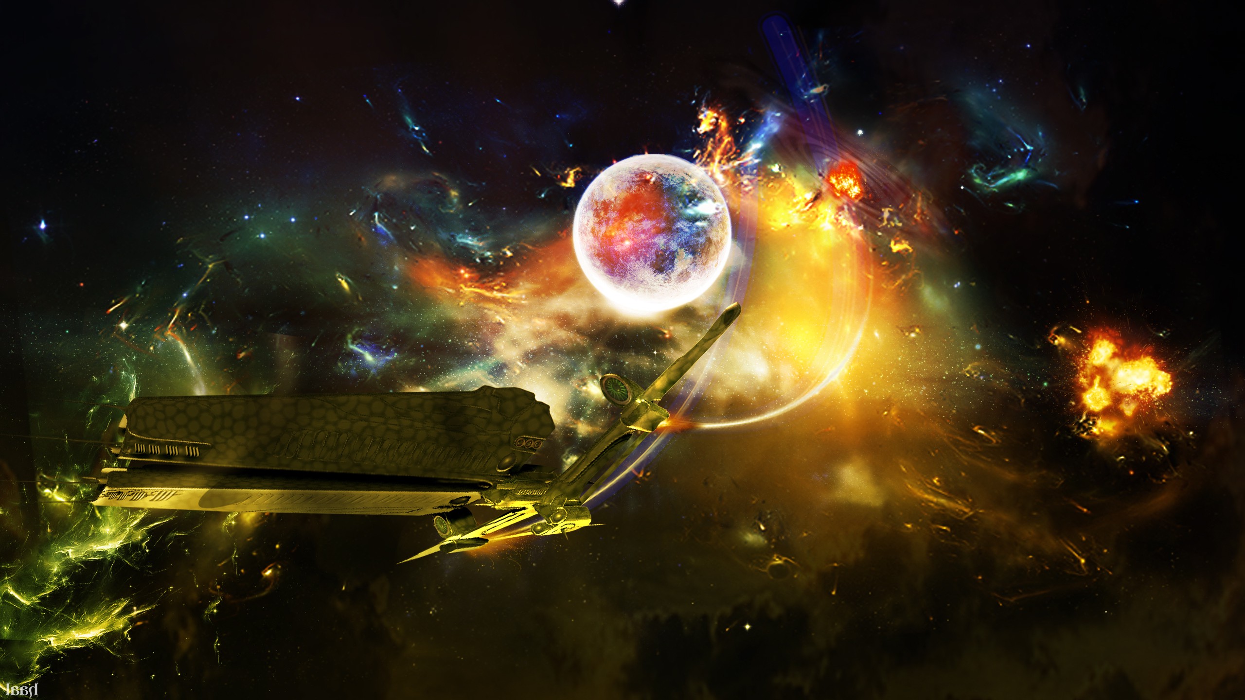 space, Spaceship, Planet, Explosion, 3D Wallpaper