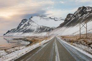 nature, Landscape, Mountain, Winter, Snow, Snowy Peak, Road, Clouds, Lake, Iceland, Sunrise, Utility Pole, Reykjavik