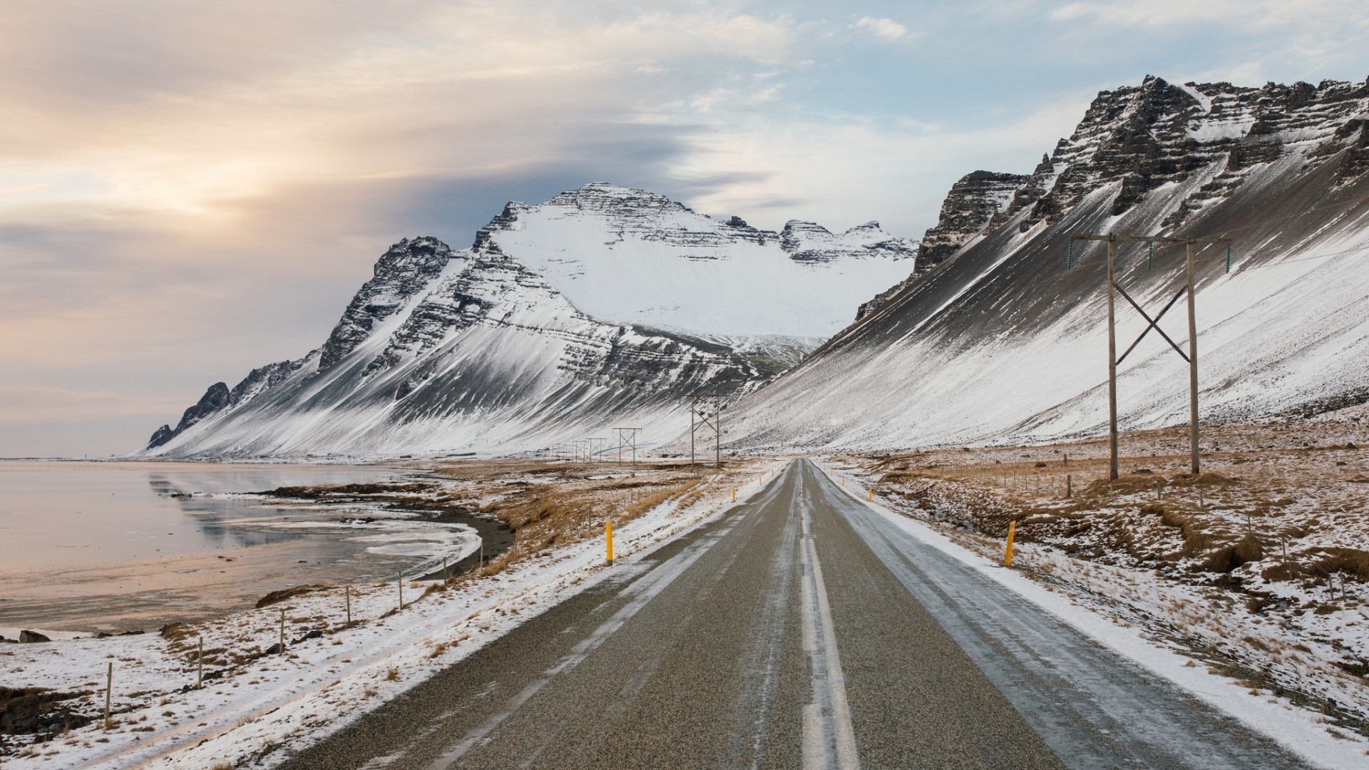 nature, Landscape, Mountain, Winter, Snow, Snowy Peak, Road, Clouds, Lake, Iceland, Sunrise, Utility Pole, Reykjavik Wallpaper