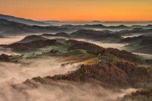 nature, Landscape, Sunrise, Mist, Mountain, Forest, Village, Road, Field, Fall, Slovenia