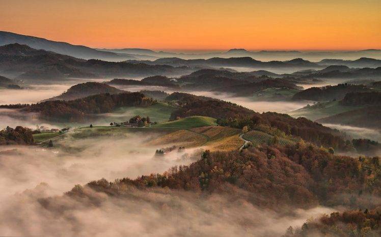 nature, Landscape, Sunrise, Mist, Mountain, Forest, Village, Road, Field, Fall, Slovenia HD Wallpaper Desktop Background