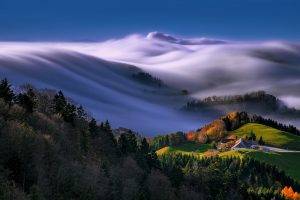 nature, Mountain, Forest, Landscape, Mist, Trees, Grass, Fall, Clouds, Morning, Sunlight, House, Farm, Waves