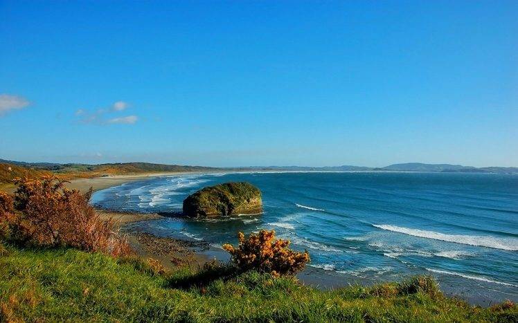 nature, Landscape, Beach, Grass, Sea, Shrubs, Sand, Blue, Sky, Chile, Island, Rock, Hill HD Wallpaper Desktop Background