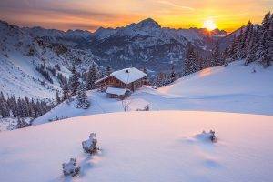 nature, Landscape, Tyrol, Winter, Sunrise, Cabin, Mountain, Pine Trees, Snow, Sky, Forest