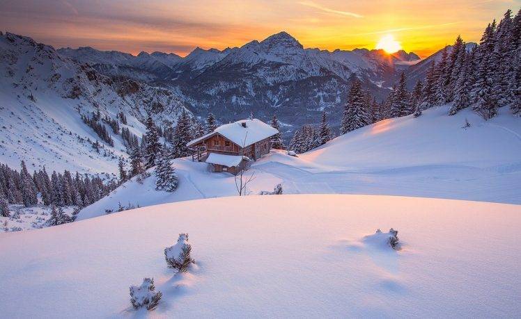 nature, Landscape, Tyrol, Winter, Sunrise, Cabin, Mountain, Pine Trees, Snow, Sky, Forest HD Wallpaper Desktop Background