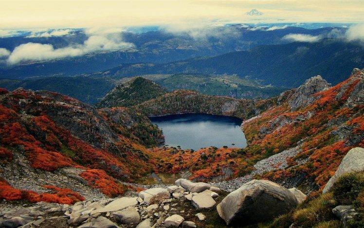 nature, Landscape, Mountain, Lake, Forest, Shrubs, Chile, National Park, Clouds, Volcano HD Wallpaper Desktop Background