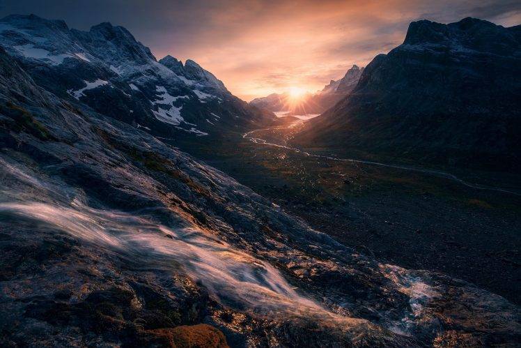 nature, Landscape, Sunrise, Mountain, Valley, River, Snowy Peak, Creeks, Sky, Sunlight, Greenland HD Wallpaper Desktop Background