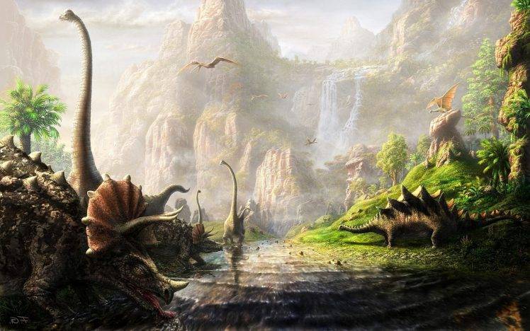dinosaurs, Fantasy Art, Triceratops, River, Cliff HD Wallpaper Desktop Background