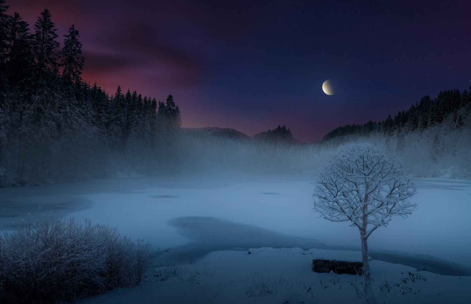 nature, Landscape, Mist, Lake, Snow, Forest, Moon, Shrubs, Trees, Frost, Hill, Norway, Moonlight, Starry Night, Winter Wallpaper