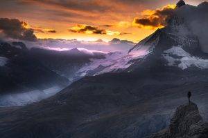 nature, Landscape, Sunset, Matterhorn, Alps, Mountain, Hiking, Snowy Peak, Clouds, Sky, Switzerland