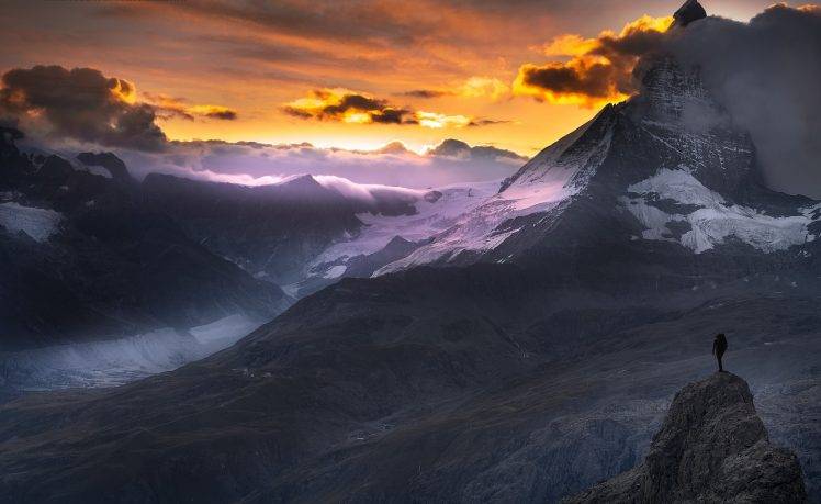 nature, Landscape, Sunset, Matterhorn, Alps, Mountain, Hiking, Snowy Peak, Clouds, Sky, Switzerland HD Wallpaper Desktop Background