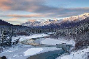 nature, Landscape, River, Snow, Winter, Mountain, Forest, Pine Trees, Cold, Frost, Alaska