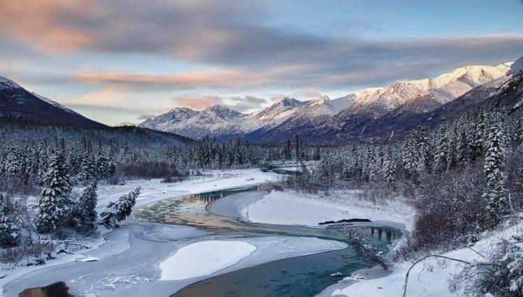 nature, Landscape, River, Snow, Winter, Mountain, Forest, Pine Trees, Cold, Frost, Alaska HD Wallpaper Desktop Background