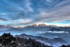 landscape, Nature, Himalayas, Mountain, Forest, Snowy Peak, Mist, Clouds, Sunset, Nepal