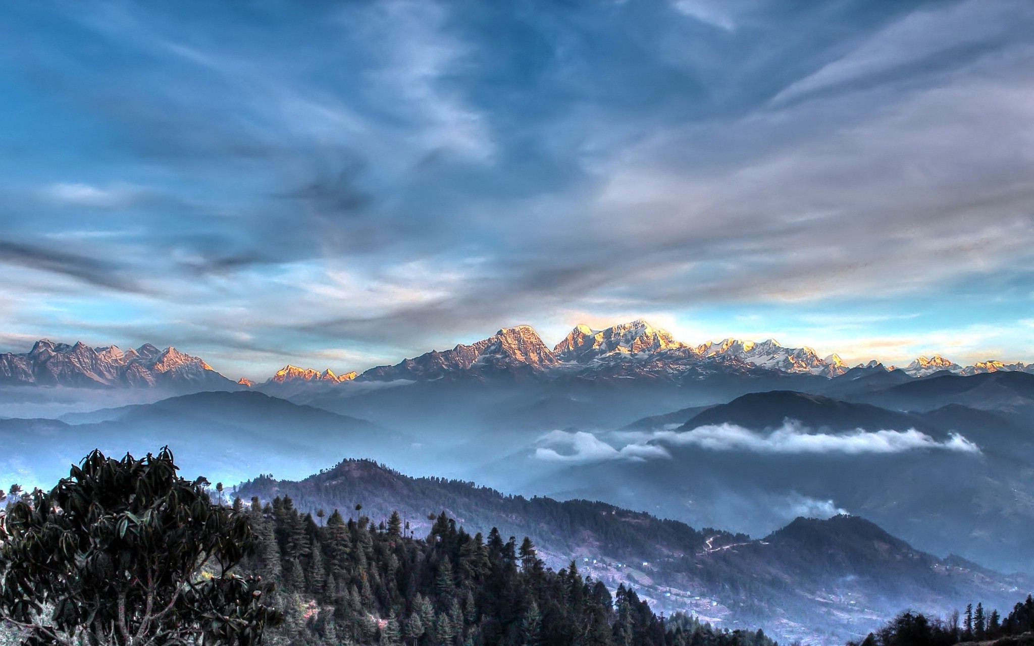 landscape, Nature, Himalayas, Mountain, Forest, Snowy Peak, Mist, Clouds, Sunset, Nepal Wallpaper