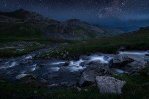 landscape, Nature, Starry Night, Sky, Mountain, River, Grass, National Park, France, Long Exposure