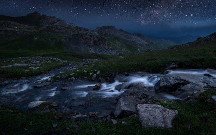 landscape, Nature, Starry Night, Sky, Mountain, River, Grass, National Park, France, Long Exposure HD Wallpaper Desktop Background
