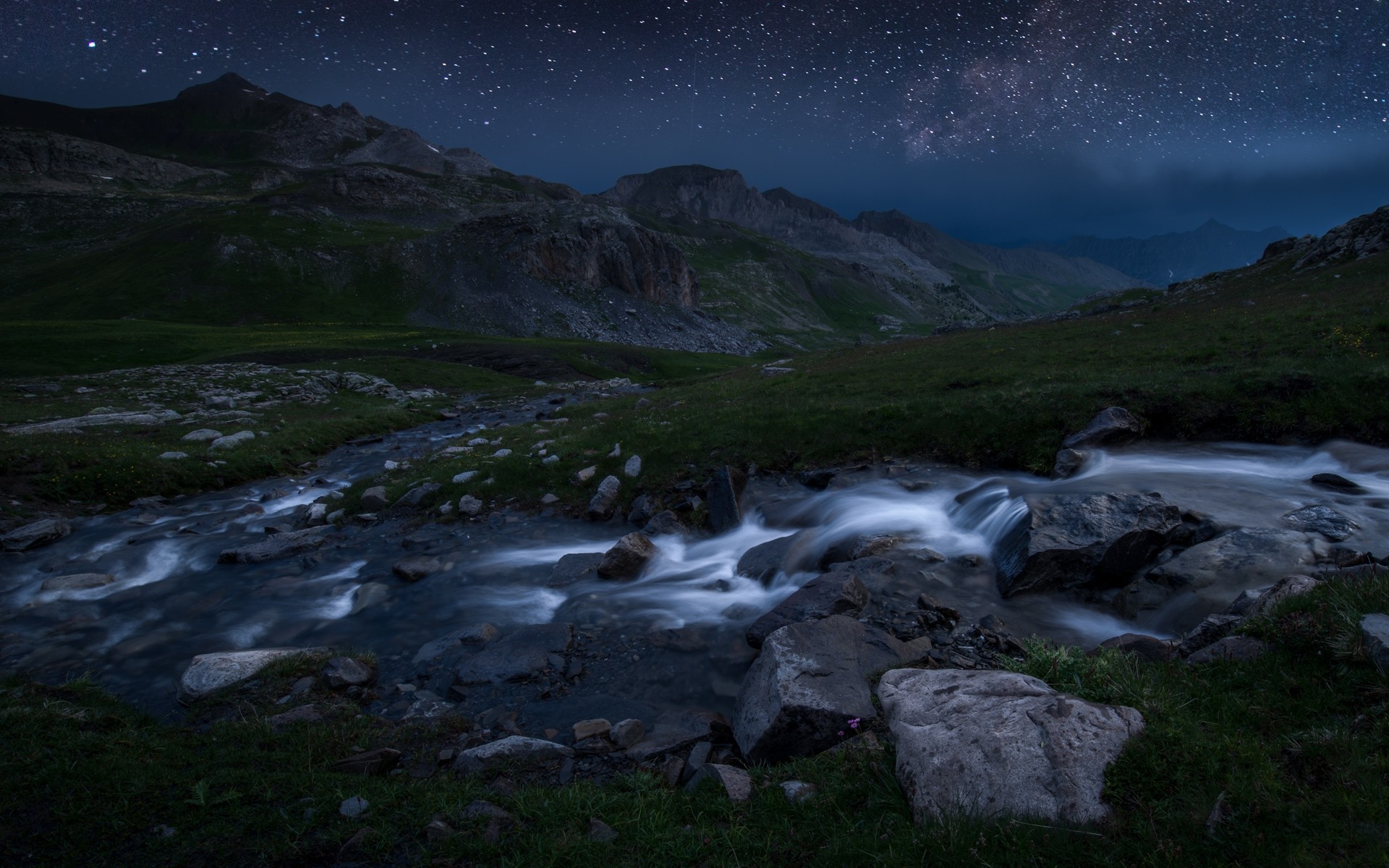 landscape, Nature, Starry Night, Sky, Mountain, River, Grass, National Park, France, Long Exposure Wallpaper