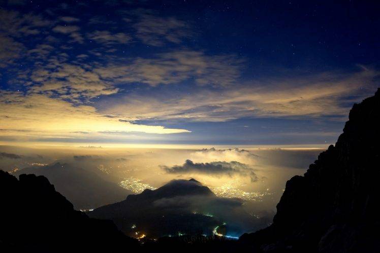 landscape, Nature, Mist, Valley, Evening, Stars, Sky, Clouds, City, Lights, Mountain, Italy HD Wallpaper Desktop Background